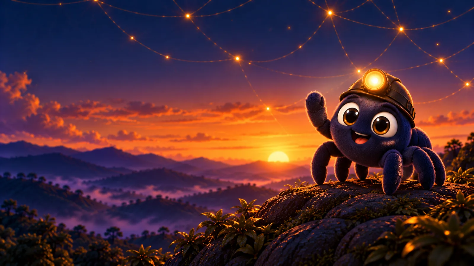 A aranhinha da Varrida acenando sobre colinas ao entardecer